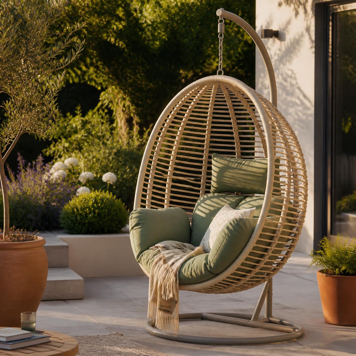 Cream rattan hanging egg chair with sage cushions on a modern garden patio